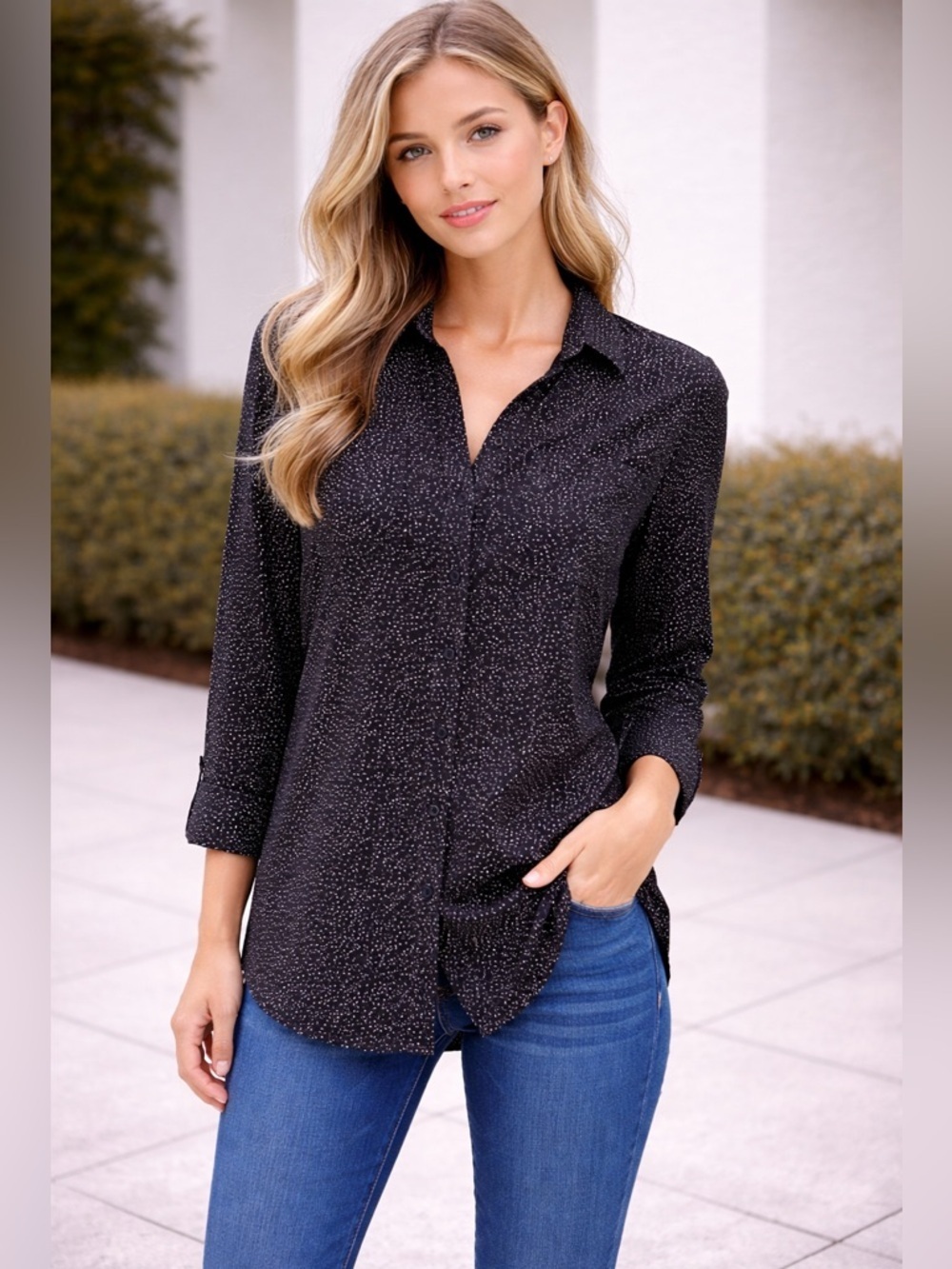 Equipment Long Black Polka Dot Button-Down Shirt